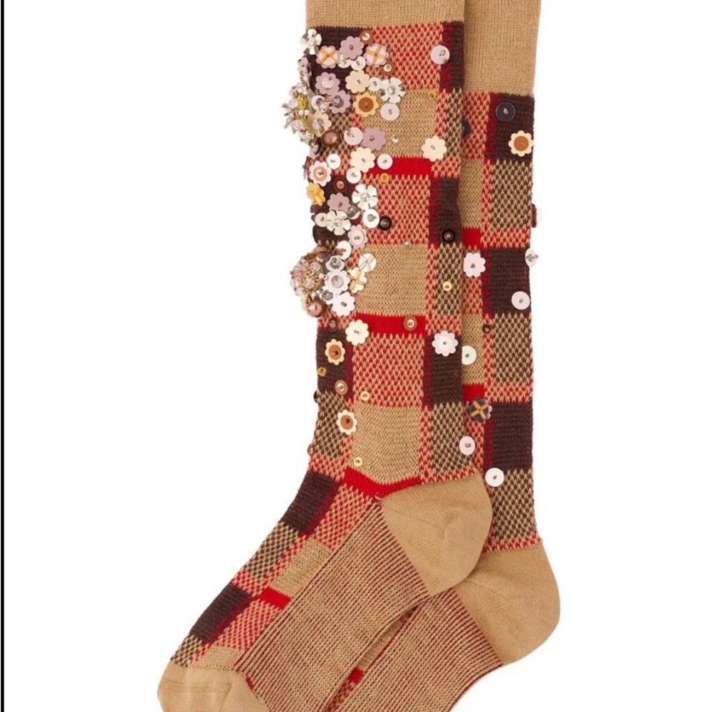 AUTHENTIC MIU MIU Plaid Knee-High Socks with Sequin Embellishments
